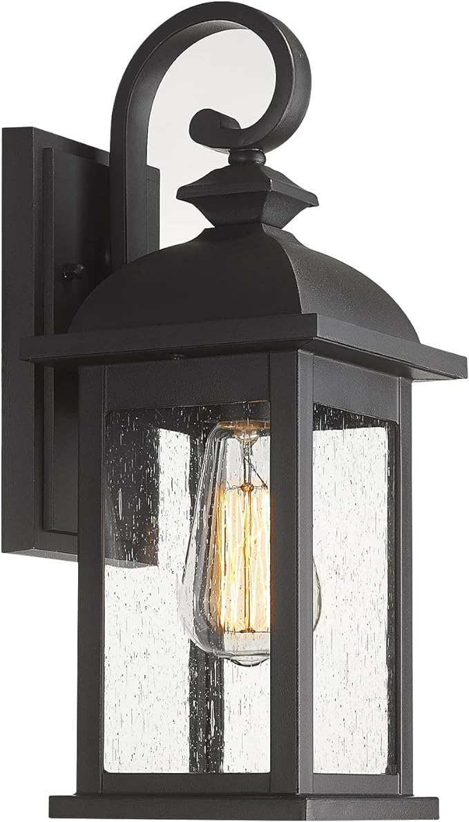 FEMILA Outdoor Wall Sconce, 15" Matte Black Seeded Glass Outdoor Sconce Lights, Front Porch Light Fixtures Wall Mount, Garage Lights for Patio, Entryway, Garden, E26 Base, 4FD54B BK