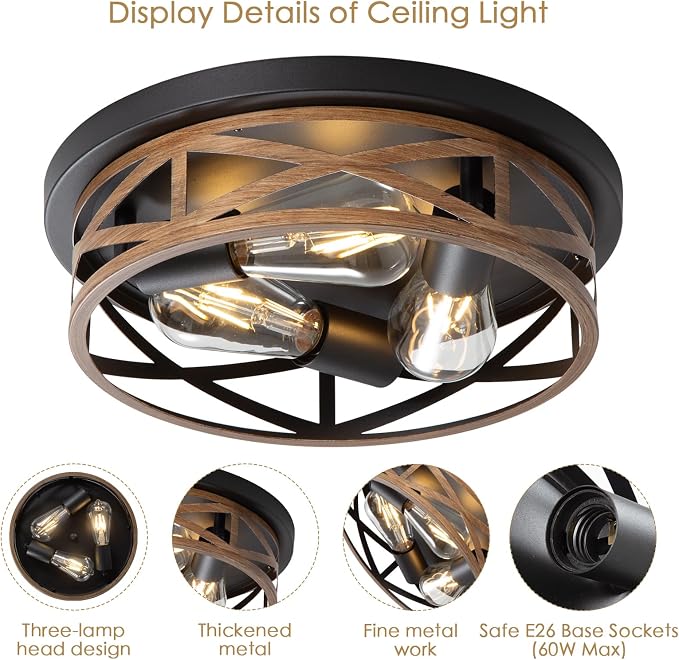 13 inch Flush Mount Ceiling Light Fixtures,3-Light Modern Hallway Light Fixtures Ceiling, Wood Grain Light Fixture Ceiling Mount for Farmhouse,Kitchen, Bedroom 2 Pack