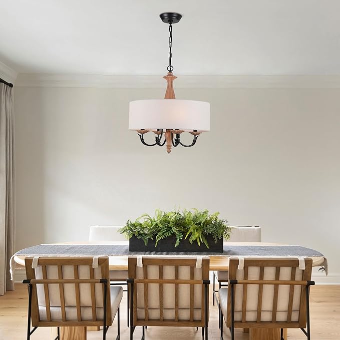 17.3" French Country Modern Drum Chandelier Light Fixture Mid Century Framhouse Chandelier with Linen Shade Vintage Distressed Wood Chandelier for Dining Room,Living Room,Kitchen,E12