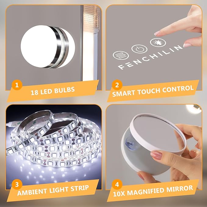 FENCHILIN Vanity Mirror with Lights 32''x23'' Backlit + Front Lit Hollywood Lighted Vanity Makeup Mirror Smart Touch Control Light with Memory Function