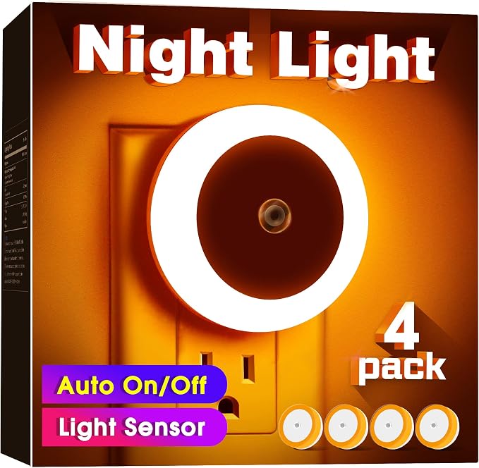Amber Night Light Orange, LED Night Lights for Kids 4 Pack | Plug in Night Light, Hallway Lights, Wall Light, Nightlight for Adult, 0.6W 60LM