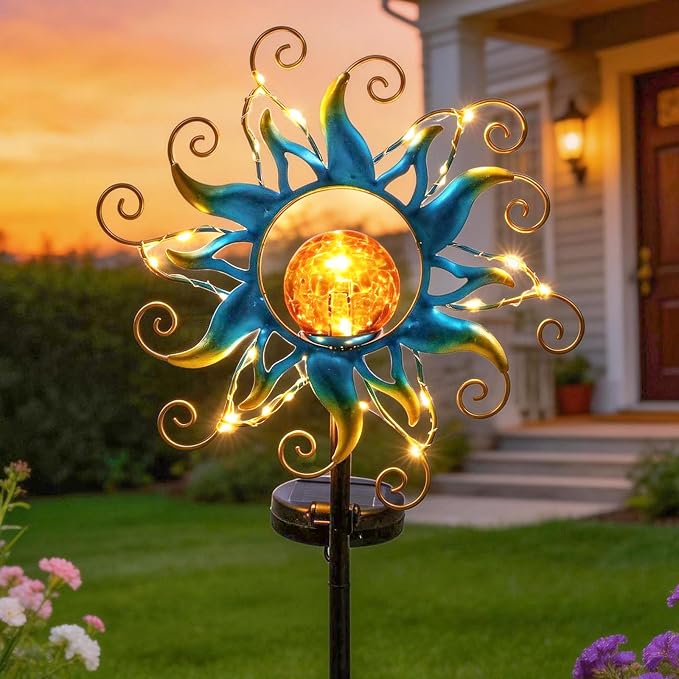 ZHQIAN Solar Lights Outdoor Garden Decor, Blue Metal Sun Crackle Glass Globe Stake Waterproof 30LED Decorations Unique Gifts for Women,Mom,Outside, Patio,Lawn,Yard,Pathway