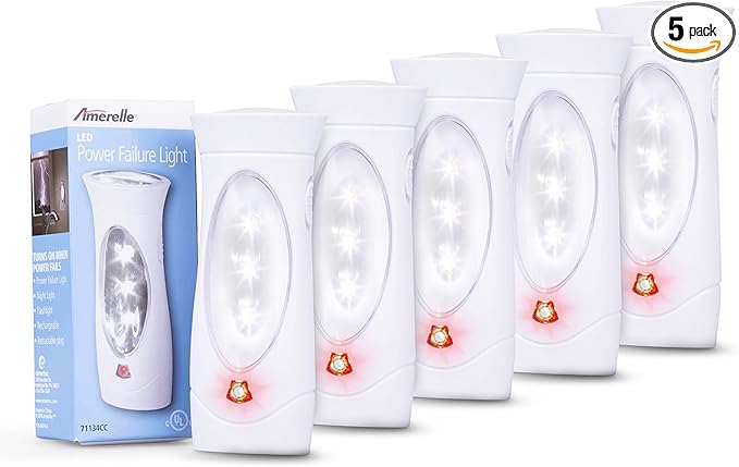 Amerelle LED Emergency Lights For Home Power Failure, 5 Pack - Triple Function Power Failure Light and Plug In Flashlight Combo, With Rechargeable Battery - Be Snow Storm & Hurricane Ready (71134)