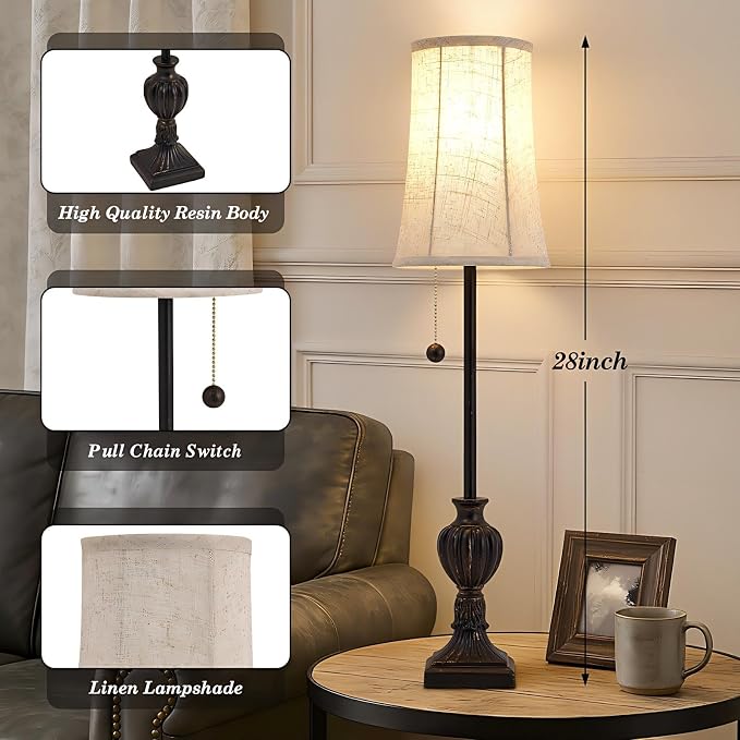 EJIAXIN Buffet Table Lamps Set of 2-28" Tall Skinny Black Resin Table Lamp for Living Room - Traditional Cottage Country Rustic Buffet Lamp with Pull Chain for Console Table,Dining Sideboard,Entryway