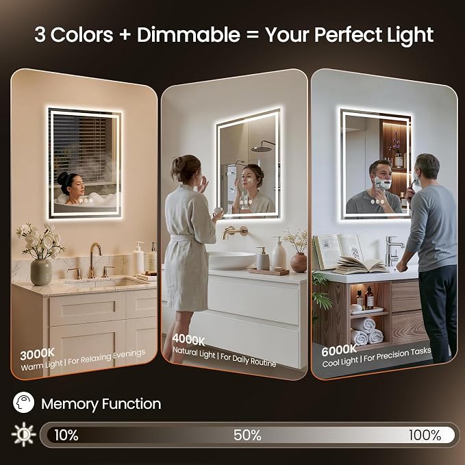 28x36 LED Bathroom Mirror with Anti-Fog, Backlit & Front Lit, Memory | Stepless Dimmable 3 Color CRI 95+ Shatterproof Tempered Glass ETL Listed for Safety Lighted Bathroom Vanity Mirror for Wall
