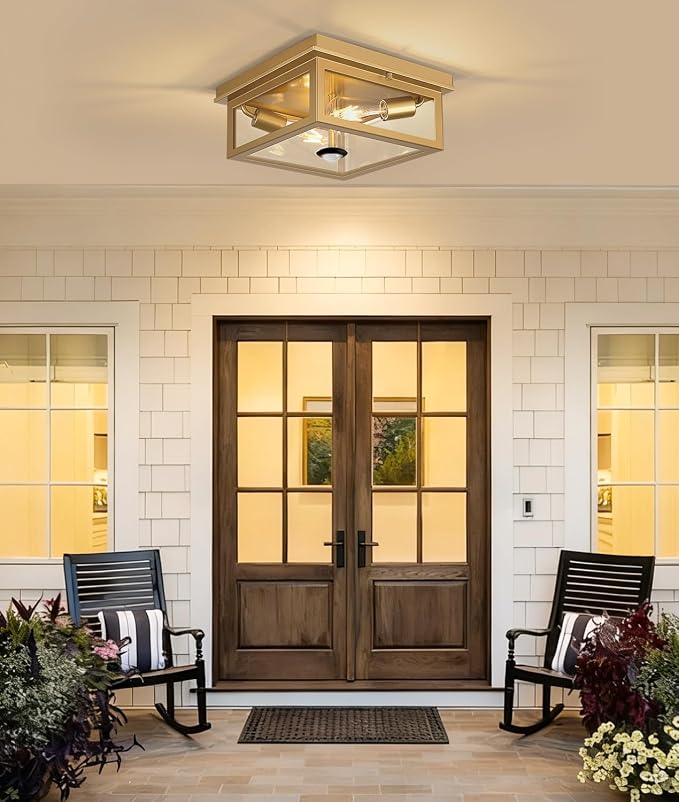 Lynnoland Motion Sensor Outdoor Ceiling Light with Remote, 12.2 Inch Gold Flush Mount Porch Light Fixture with United Glass Cover, 5 Modes Outside Flush Mount Light for Porch, Garage, Patio, Entryway