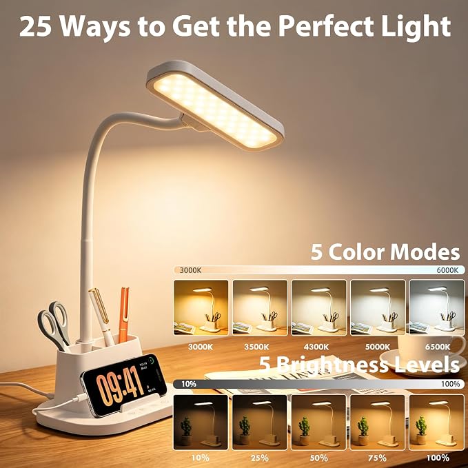LED Desk Lamp for Dorm Small Desk Lamp with Pen Holder 5 Color Modes White | Dimmable Touch Control, USB Charging Port, Eye-Caring Reading Light for Home Office Table Study College Room Students