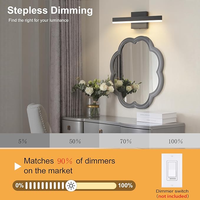 Black Bathroom Vanity Light Fixture 15.7'' 20W Dimmable 5CCT LED Hardwired | Bathroom Light Fixture Over Mirror, Bathroom Wall Sconce, Rust-resistant, ETL Certificated, 2700K/3000K/3500K/4000K/5000K