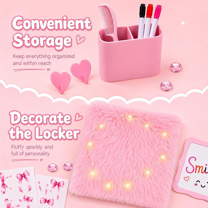 20 PCS Pink Locker Accessories Kit Back to School for Girls | Locker Decorations with Magnetic Mirror Dry Erase Whiteboard Pen Holder Rug String Lights Markers Magnets Hooks and Stickers