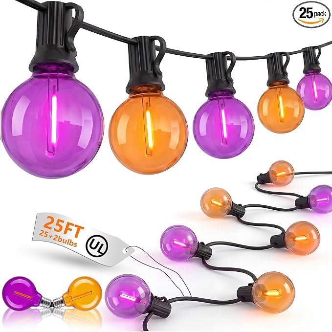 25FT G40 LED Outdoor Halloween String Lights, Orange and Purple Halloween Decorations Lights with 27 Shatterproof Globe Bulbs(2 Spare), Hanging Patio Lights for Holiday Balcony Backyard Party Garden