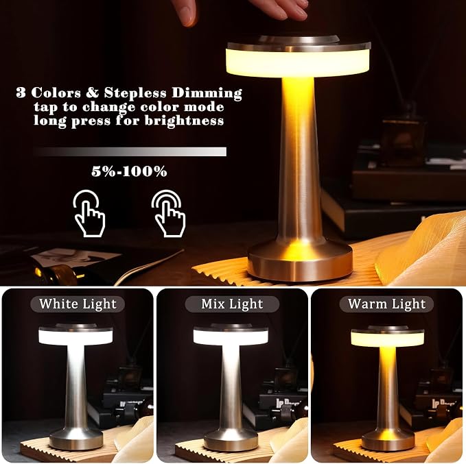 Riakrum 4 Pcs Silver LED Portable Cordless Table Lamp Bulk with Touch Sensor 3 Color Stepless Dimming Rechargeable Battery up to 15 Hours Cordless Table Light Wireless Lamp Wedding Home