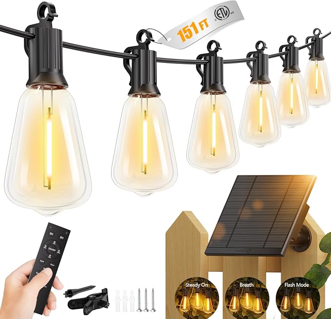 Brightown 151FT Solar String Lights Outdoor, 48+2 Shatterproof LED Lights | Waterproof, Remote Control, Dimmable, Timer, 3 Light Modes, Commercial Grade Patio Lights for Garden, Backyard, Party Decor