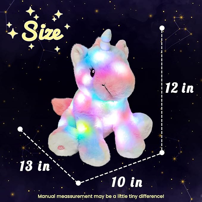 Hopearl LED Plush Unicorn Colorful Lighting Up Stuffed Animal Floppy Night Lights Glow in The Dark Birthday Gifts for Kids Toddler Girls, Rainbow, 12''
