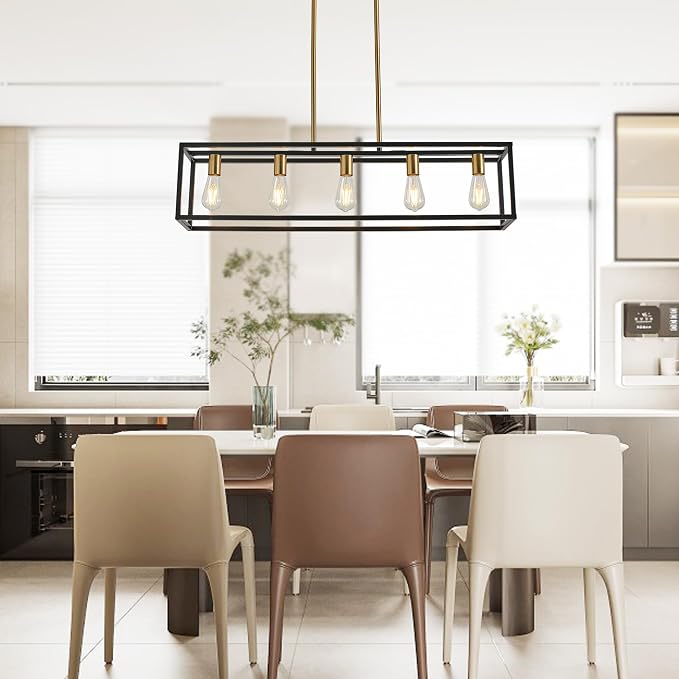 Kitchen Light Fixtures Farmhouse Rectangle Chandeliers Dining Room Light for Dining Rooms, Light Fixture Matte 5-Light Industrial Pendant Lighting