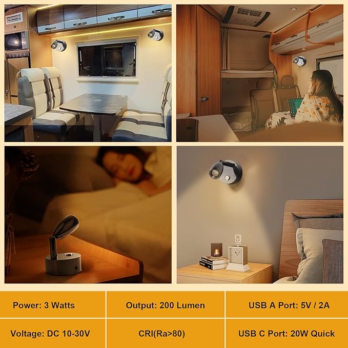 12V LED Reading Light with Dual Charging Ports, Touch Control Dimmable RV Light Interior 12 Volt Bedside Light Fixture for Camper Boat Van Trailer and Motorhome