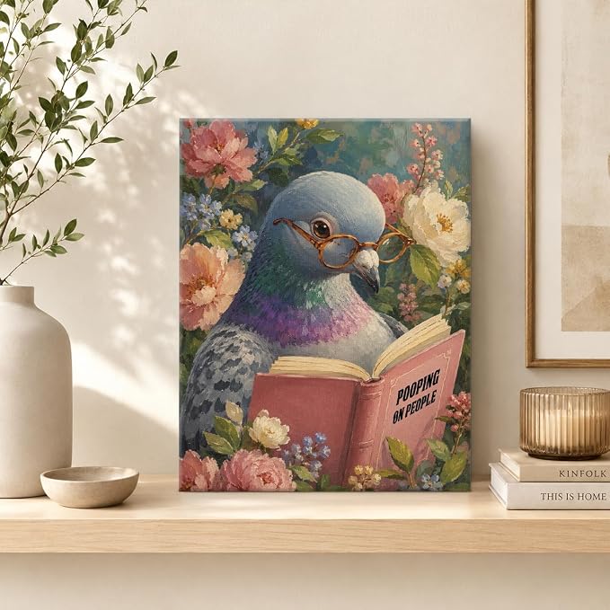 NSFBESSLIA Funny Reading Pigeon Painting, Whimsical Vintage Bird Decor, Pooping On People, Cottagecore Floral Wall Art for Living Room Bedroom Entryway, 8x10 Inch