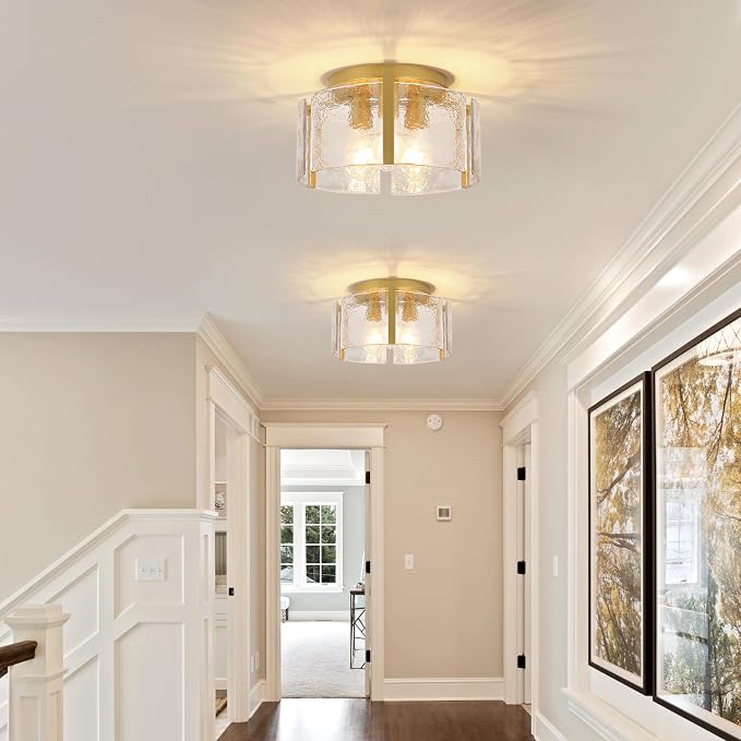 15" Gold Semi Flush Mount Ceiling Light, 3-Light Modern Drum Glass Dining Light Fixture, Dimmable Ceiling Mount for Hallway Entryway Foyer, Kitchen Over Island, Bedroom Bathroom Laundry Room Farmhouse