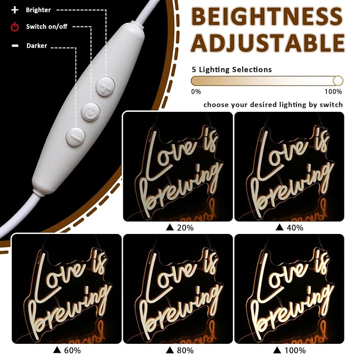 Love Is Brewing Neon Sign for Wall Decor, 15.75 x 12.2" Warm White Led Signs for Bridal Shower, USB Dimmable Neon Lights for Bedroom Home Coffee Themed Bar Wedding Engagement Party