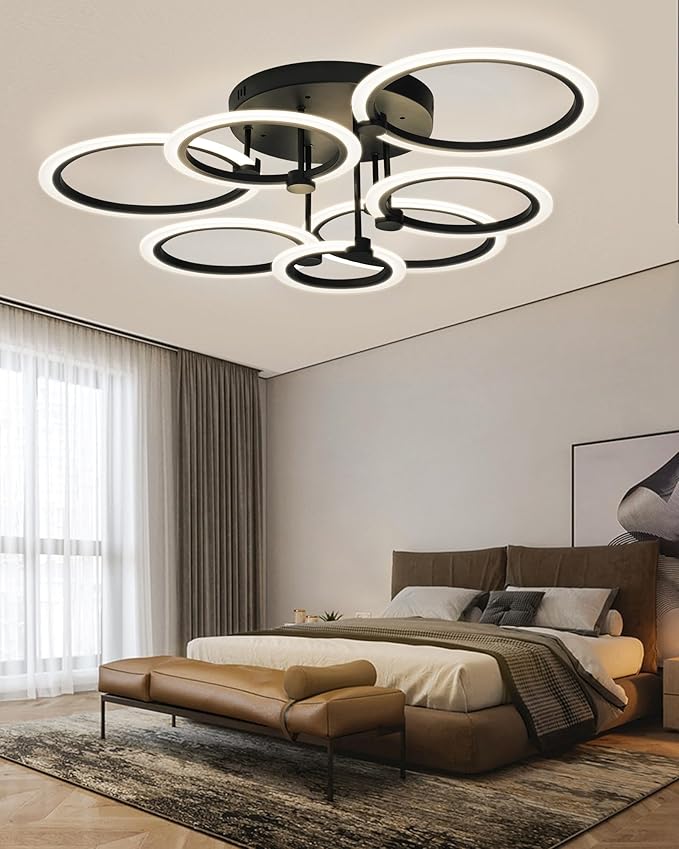 Smart LED Ceiling Light, 7-Ring Modern Flush Mount Fixture, 130W Dimmable 3000K–6500K, WiFi Alexa & App Control, Black Ceiling Light for Living Room Bedroom Kitchen (31.8")