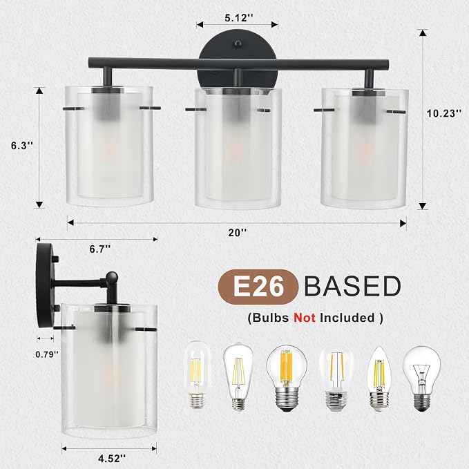 Matte Black Bathroom Light Fixtures Over Mirror with Dual Glass Shades, Modern 3-Light Vanity Lights, 20in Vanity Light Fixtures Above Mirror, Vanity Lights for Bathroom