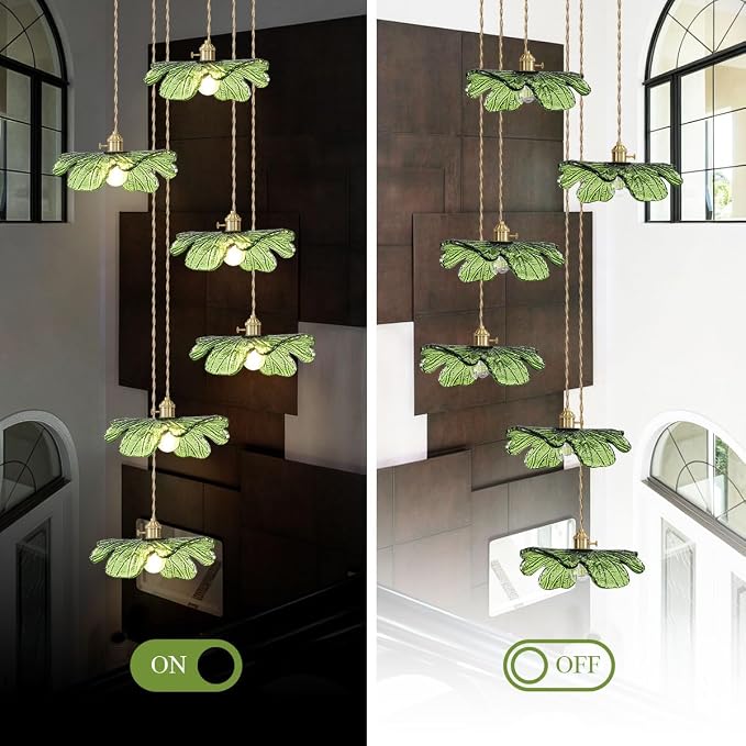 Long High Ceiling Chandelier with Green Blown Flower Glass Shade Vintage Flush Mount Ceiling Hanging light Gold brass pendant light 5 light Ceiling Chandeliers for Staircase Foyer Entryway Living