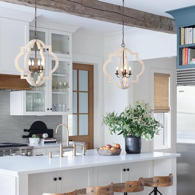 22" Farmhouse Chandelier Distressed White Wood Dining Room Light Fixture | Oak, Rustic Country Style, Large Lantern, 4-Light Hanging Pendant Light For Foyer Entryway Kitchen Island Bedroom Over Table