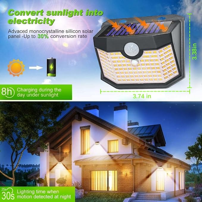 HMCITY 120 LED Outdoor Solar Lights- with Motion Sensor and 3 Lighting Modes, IP65 Waterproof Wide Solar Wall Lights Ideal for Garden Patio Yard (Front Button 2Packs, Black Shell-Warm White)