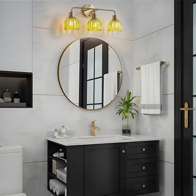3-Light Gold Brass Bathroom Light Fixture,Wall Sconces,Brushed Gold Vanlity Light Over Mirror,Bathroom Vanity Light with Green Glass Flower Shade,E26 Socket(Bulbs Not Included)