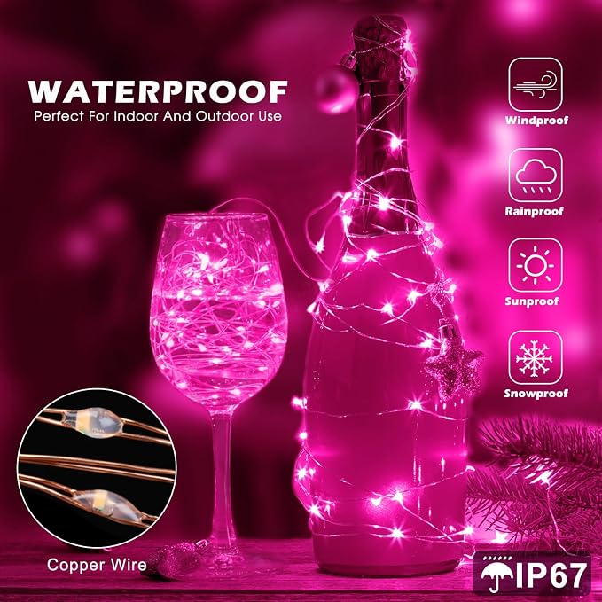 Fairy Lights 66ft 200 LED USB Twinkle String Lights Plug in Silver Wire Lights with Remote and Timer 8 Modes Outdoor Waterproof Starry Lights DIY Party Wedding Christmas Decoration(Pink)