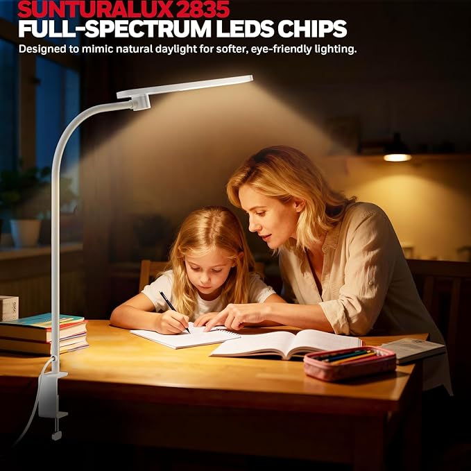 Honeywell HJ2 Gooseneck LED Desk Lamp with Clamp, CRI≥97 Full Spectrum Eye-Caring Light, 16" Flexible Metal Arm, 3-Color Dimming with Magnetic Remote for Home Office, Artists, Reading(White)