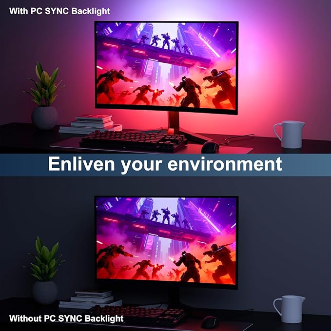 Monitor LED Backlights, 4-Side 24-32inch LED Strip Light Sync with Screen Color/Music, Computer Light Bar Behind Screen, for PC/Mac, LEDs for Desk Gaming, USB Interface (4-Side 24inch)