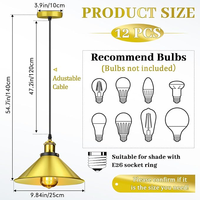 12 Pcs Industrial Pendant Light Vintage Metal E26 Base Hanging Light Rustic Dome Pendant Lamp Fixture Farmhouse Kitchen Hanging Ceiling Lamp for Dining Room Bedroom Hallway Bar (Gold)