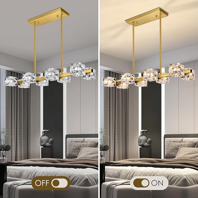 Modern Crystal Chandeliers for Dining Room, 8-Light Gold Rectangular Dining Room Light Fixture, Adjustable Farmhouse Pendant Light with K9 Crystal Cube Shade for Kitchen Island, Living Room, Bedroom