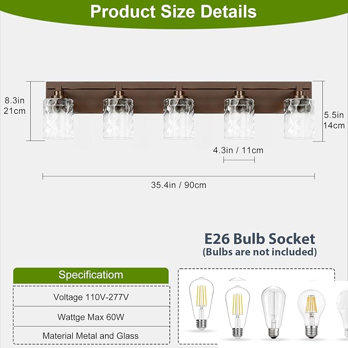 Modern Bathroom Lighting Fixtures Over Mirror, Vanity Lights for Bathroom, Wall Sconces with Clear Glass Shades, E26 Ceramic Socket, 5-Light 35.4-inch Oil-Rubbed
