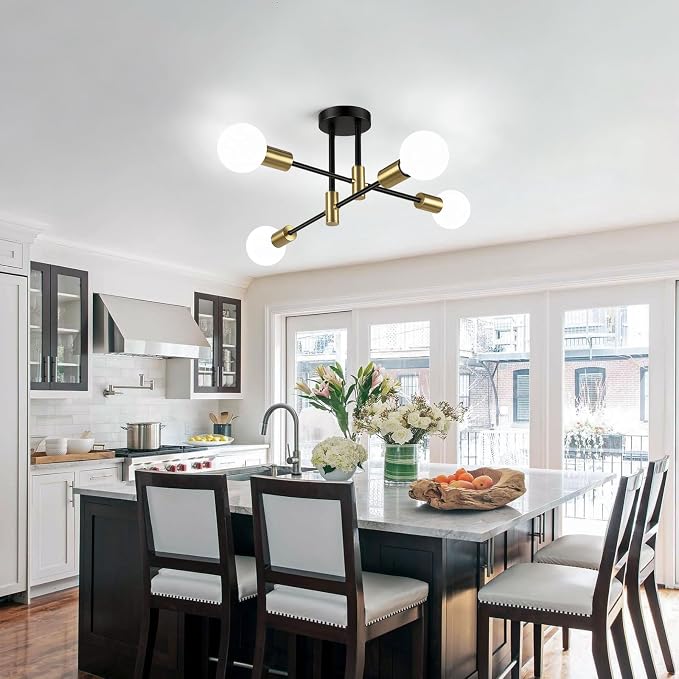4-Light Modern Black and Gold Sputnik Chandelier | Industrial Semi Flush Mount Ceiling Light Fixture for Kitchen Dining Room Living Room Bedroom Foyer