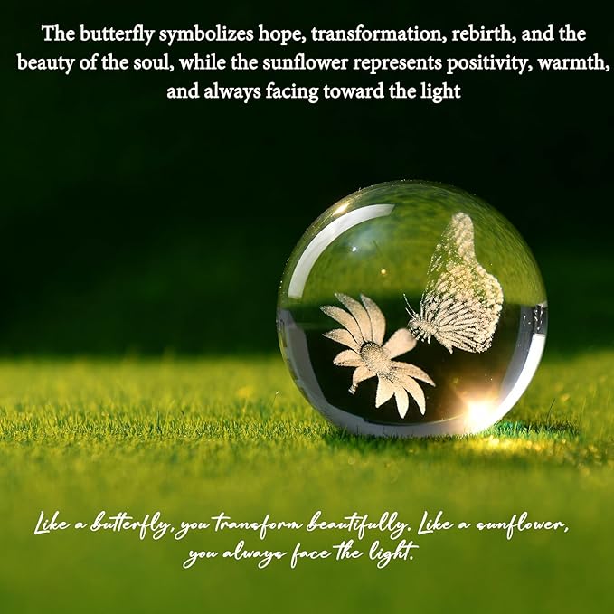 IFOLAINA Butterfly Crystal Ball Gifts Ideas for Girlfriend Wife Mom Couple Her Bithday Mothers Day 3D Butterfly on Sunflower Night Light Decorative Globes Room Decor