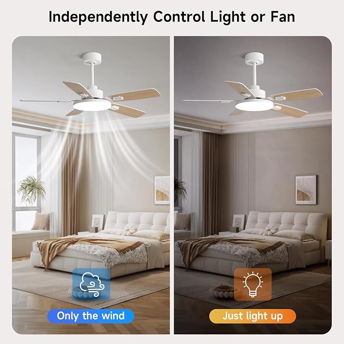 44 Inch Ceiling Fans with Lights and Remote for Bedroom Living Room Kitchen Office, Indoor/Outdoor Use, 5CCT Dimmable, Dual Color 5 Blades, 6 Speed Reversible Quiet DC Motor, White/Wood Grain