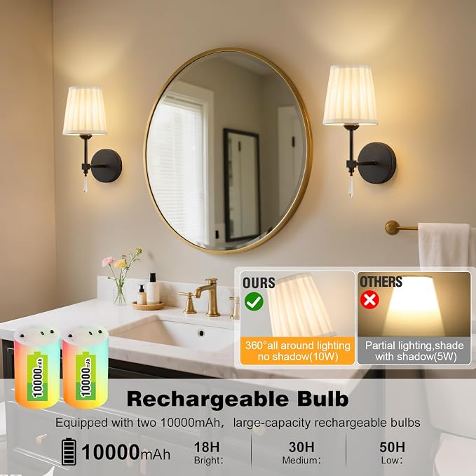 Black Battery Operated Wall Sconce,10000 Mah Rechargeable Wall Sconces set of 2 With Remote,3CCT and 12 RGB Sconces Battery Operated Dimmable,Fabric Sconces Wall Decor Set of 2 for Bedroom,Living Room