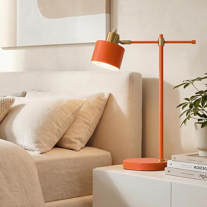22.2" Modern Desk Lamp, Metal Table Lamp with LED Bulb, Adjustable Reading Lamps for Living Room, Mid Century Task Lamp for Home Office, Industrial Bedside Lamps with Solid Base, Orange
