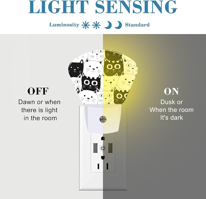 Cute Black and White Cat Night Light for Kids, Doodle Cat LED Night Light Plug into Wall with Dusk to Dawn Sensor for Girls Boys Women Men Room, Hallway, Kitchen, Bathroom, Stairs Decor