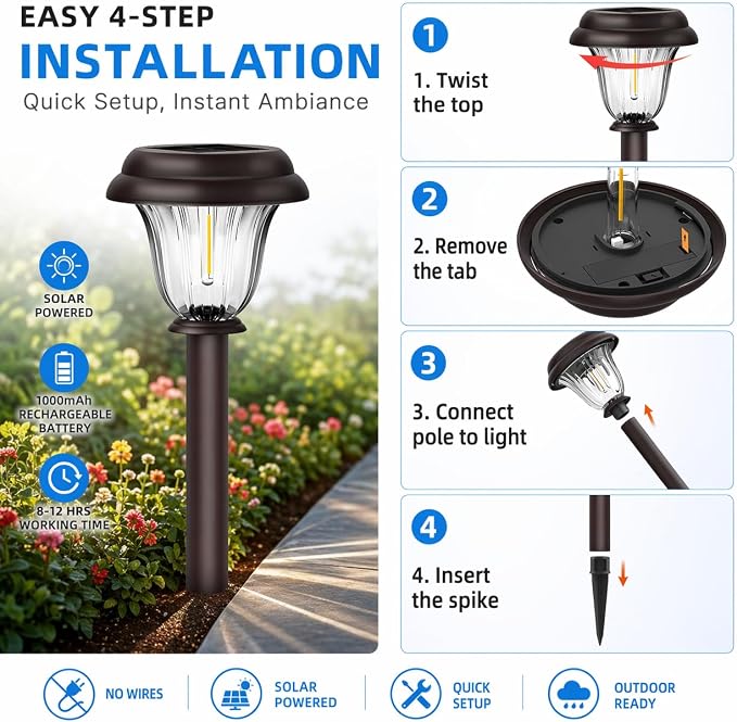 DERAYSION 8 Pack Solar Lights Outdoor Pathway, Stainless Steel Glass Solar Garden Lights, Auto On/Off Long-Lasting Waterproof Outdoor Solar Lights for Yard, Landscape, Path, Driveway, Walkway Décor