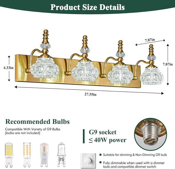 Modern Glass Crystal Vanity Light - Vintage Bathroom Lighting Fixtures Over Mirror, 4 Light Vanity Lights G9 Bulb (27.55 Inch, Gold)