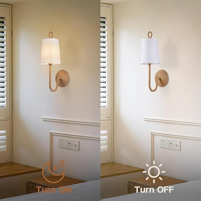 Natural Rattan Wall Sconce Set of 2: Boho Coastal Rope Woven Lamps with Linen Fabric Shades for Living Room, Bedroom, Bedside, Vanity and Hallway