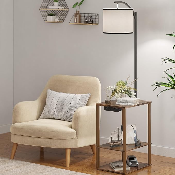 SUNMORY Floor Lamp with Table Shelves, End Side Table for Living Room | USB & AC Charging Stations, 3 Color Temperature 9W LED Bulb, Adjustable Shade, Modern Nightstand Lamps for Bedroom Office