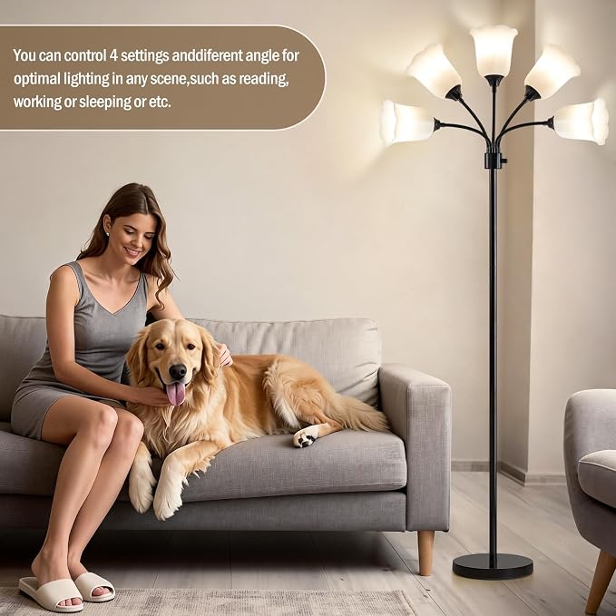 Medusa LED Floor Lamp, Multi Head Modern Tall Lamp with Adjustable Gooseneck Standing Lamps for Living Room Bedroom Kids Room Office 5 White Lampshades Bulb Not Included(Black)