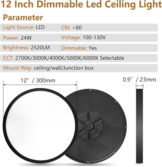 Dimmable 12Inch LED Flush Mount Ceiling Light, 24W, 2520LM, 2700K/3000K/4000K/5000K/6000K CCT Selectable,LED Round Flat Panel Light for Bedroom,Kitchen,Hallway