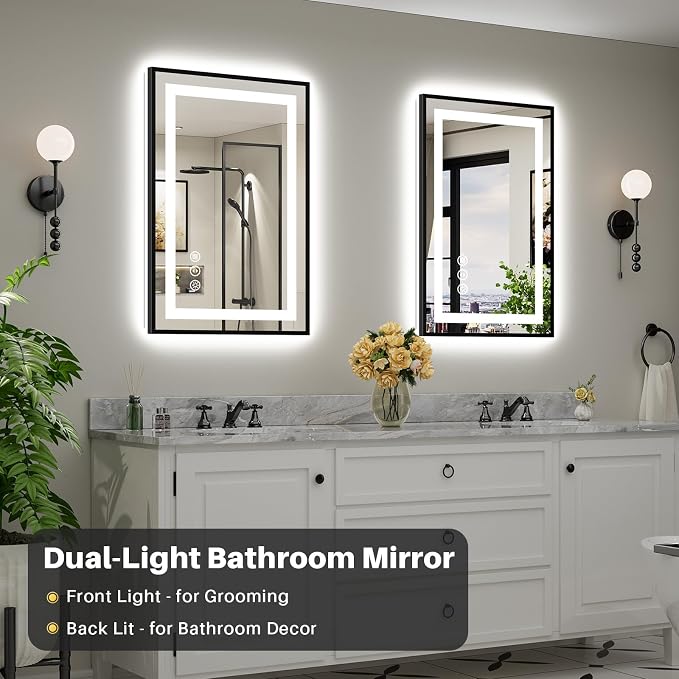 24x36 Inch LED Bathroom Mirror with Black Frame, Backlit & Front Lit | Anti-fog, 3 Color Dimmable, Memory Function, HD Reflection Tempered Glass, ETL Listed, IP54 Waterproof