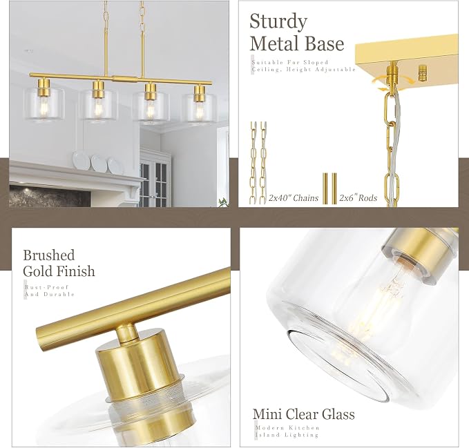 4-Light Brushed Gold Kitchen Island Lighting, Modern Linear Dining Room Chandelier Light Fixtures with Clear Glass and Chain, Mid Century Hanging Lights for Kitchen Island, OS-YQ8153-4ISBGC