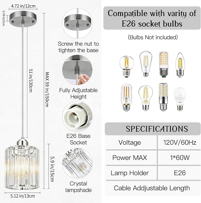 3 Pack Pendant Lights Kitchen Island Brushed Nickel Pendant Light | Crystal Pendant Light, Easy Install, Adjustable Height, E26 Base, for Kitchen Island, Dining Table, Entryway, Restaurant