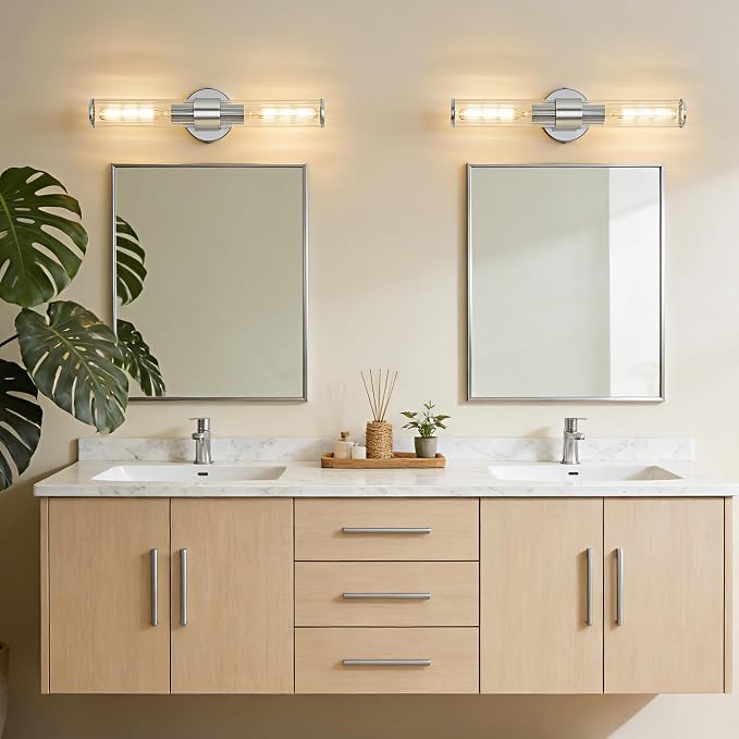 Hardwired Chrome Bathroom Vanity Light Threaded Glass Wall Sconce | Up & Down Bidirectional Lighting, Damp Rated For Bathrooms, Dimmable, 5-Year Manufacturer Warranty, UL Certification